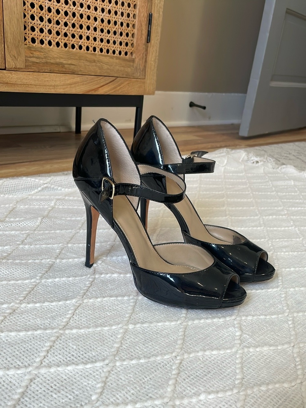 Saks Fifth Avenue Black Patent Peep-Toe Mary Jane Stilettos